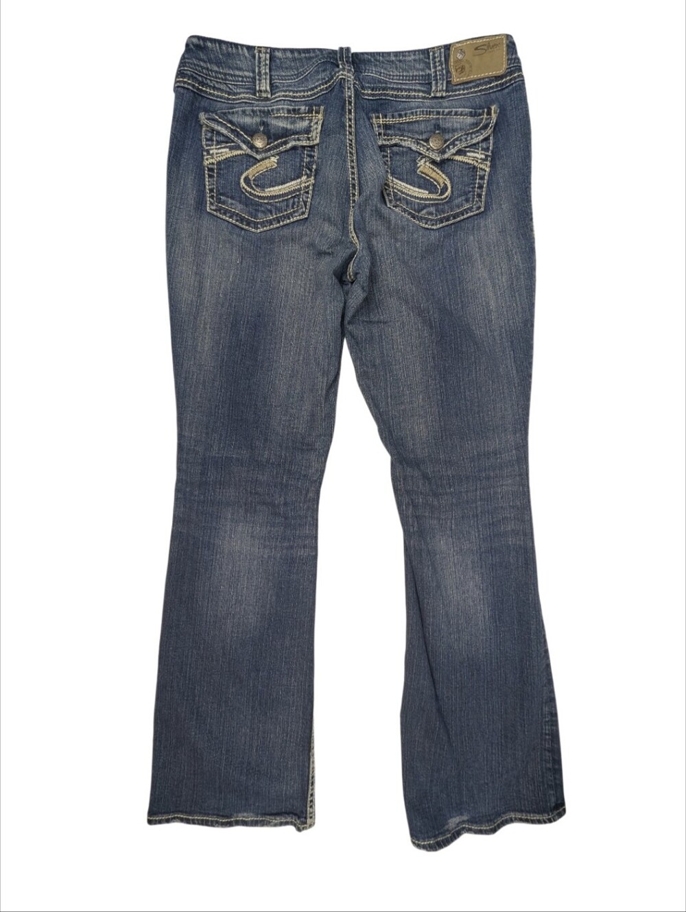 Silver Jeans Sz 28 Suki Surplus Bootcut Jeans Mid Rise Flap Pocket Thick Stitch